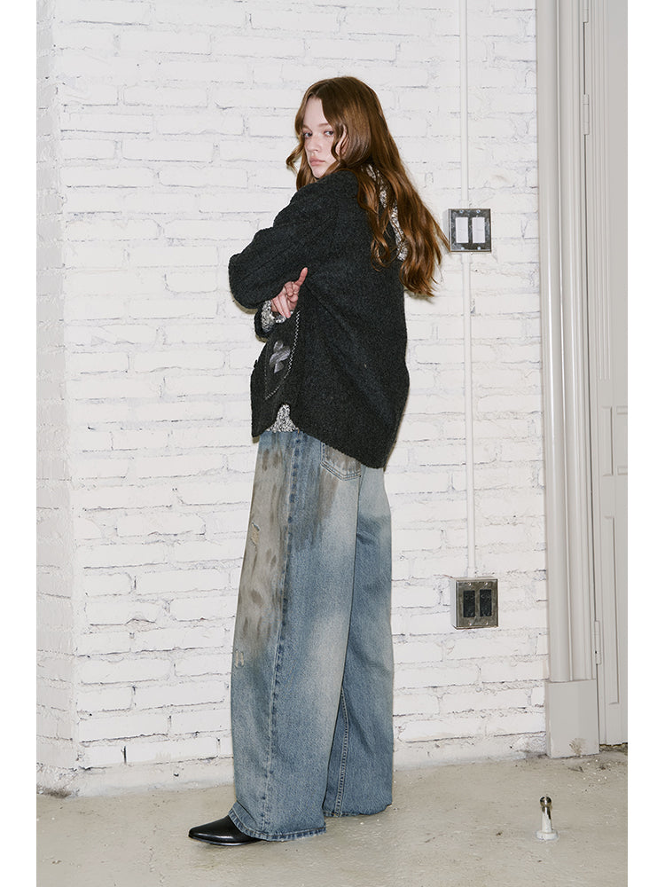 Vintage-Inspired Distressed Wide-Leg Jeans