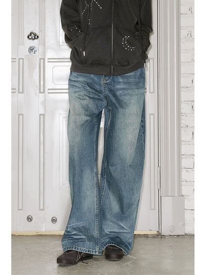 Vintage-Inspired Distressed Wide-Leg Jeans