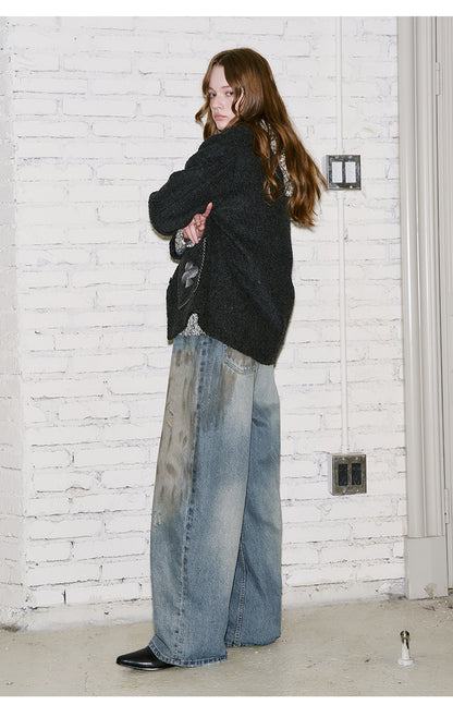 Vintage-Inspired Distressed Wide-Leg Jeans