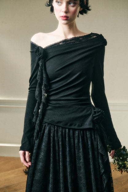 Asymmetric One-Shoulder Fitted Top And Lace Skirt
