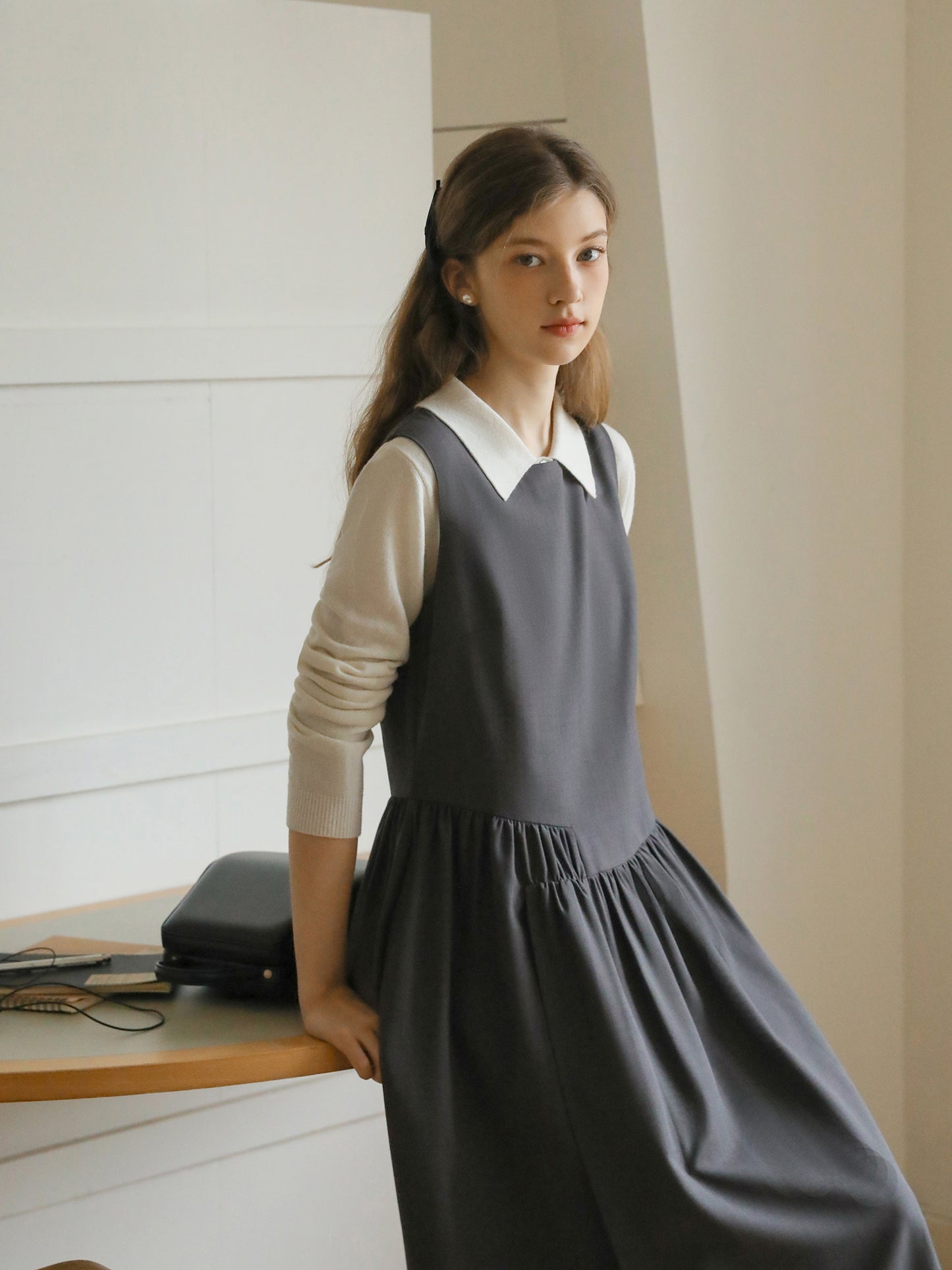 Buttoned Wool Knit Top With Flat Collar