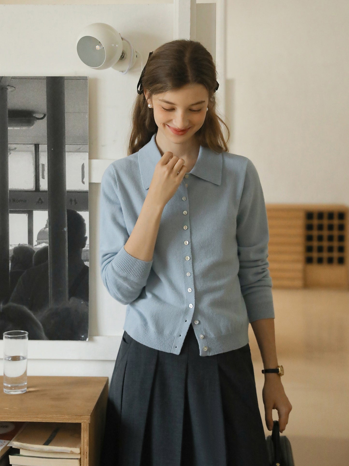 Buttoned Wool Knit Top With Flat Collar