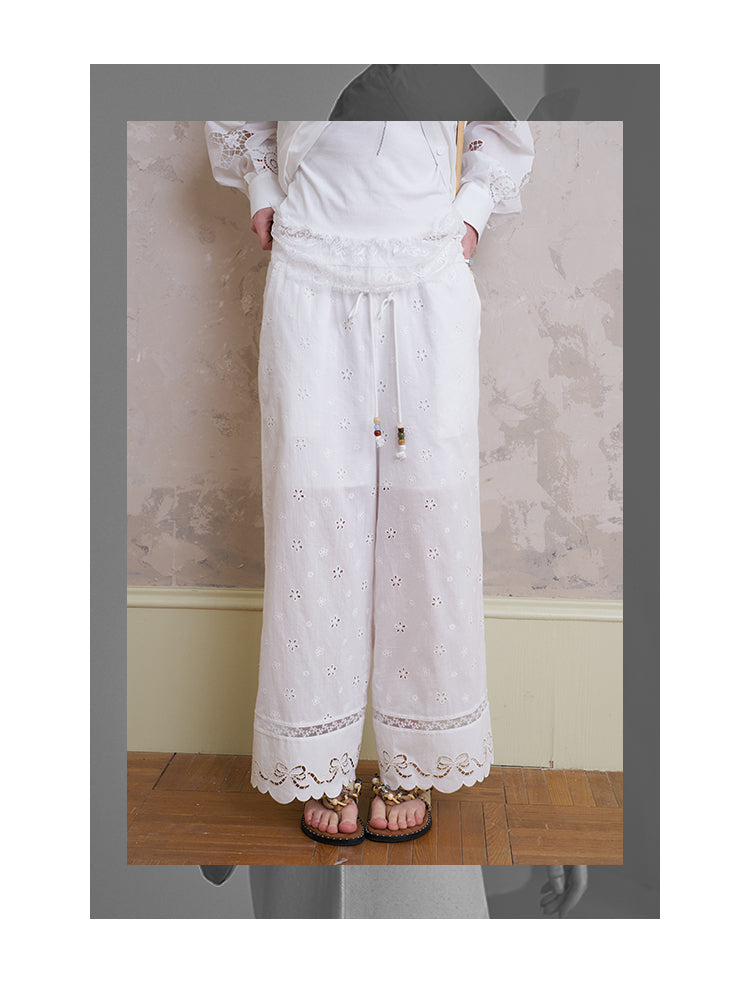 Floral Embroidered Pants With Beaded Drawstring