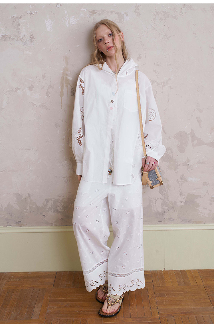 Floral Embroidered Pants With Beaded Drawstring