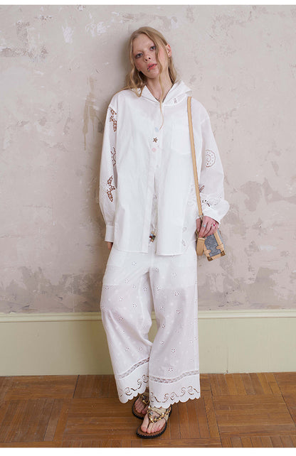 Floral Embroidered Pants With Beaded Drawstring
