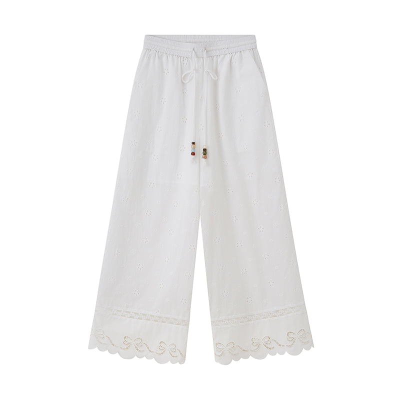 Floral Embroidered Pants With Beaded Drawstring