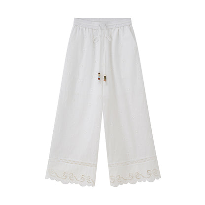 Floral Embroidered Pants With Beaded Drawstring
