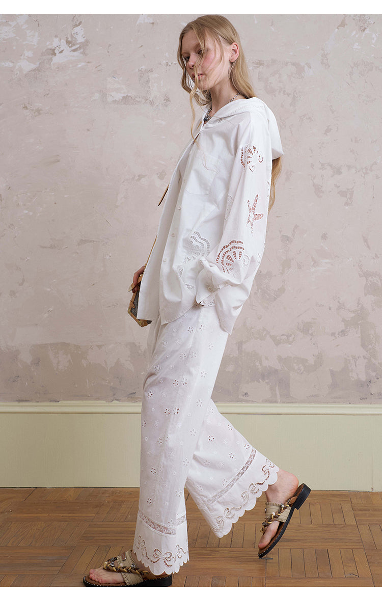 Floral Embroidered Pants With Beaded Drawstring