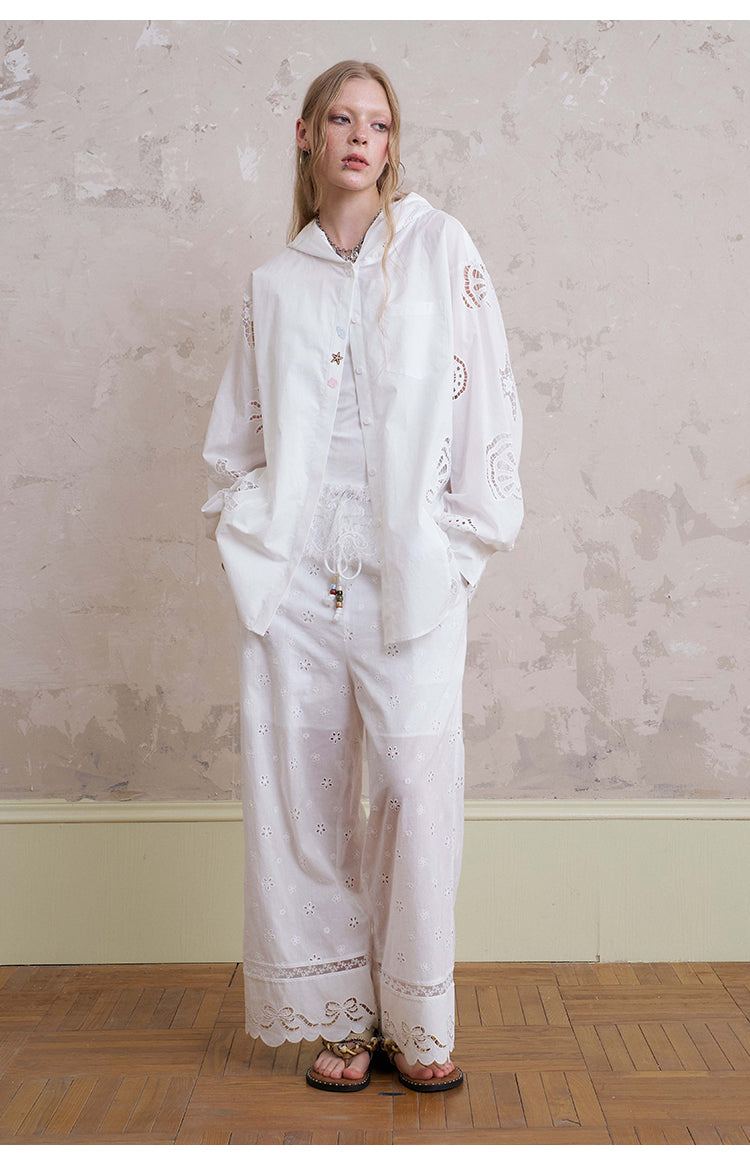 Floral Embroidered Pants With Beaded Drawstring