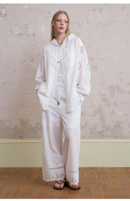 Floral Embroidered Pants With Beaded Drawstring
