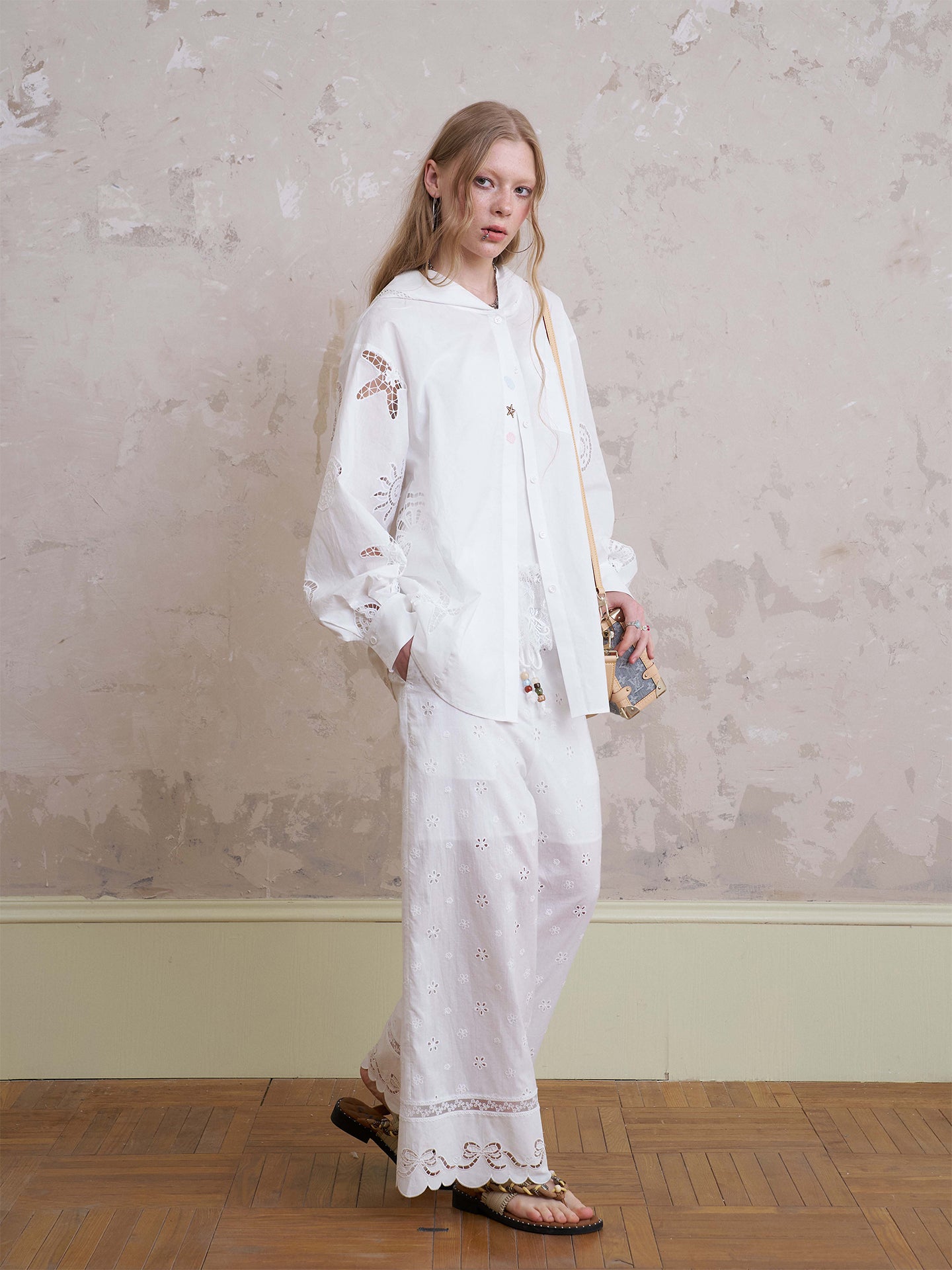 Floral Embroidered Pants With Beaded Drawstring