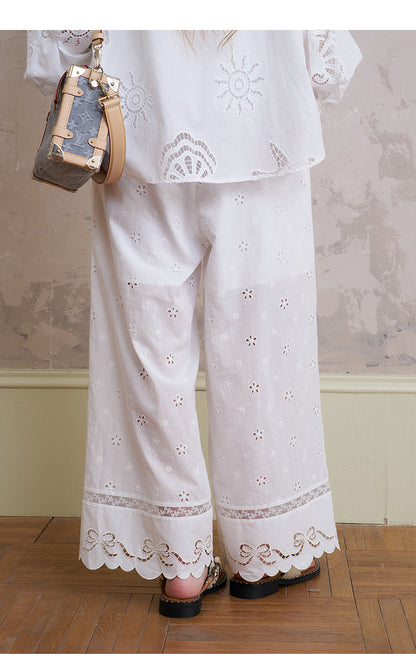 Floral Embroidered Pants With Beaded Drawstring
