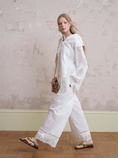 Floral Embroidered Pants With Beaded Drawstring