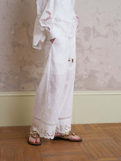 Floral Embroidered Pants With Beaded Drawstring