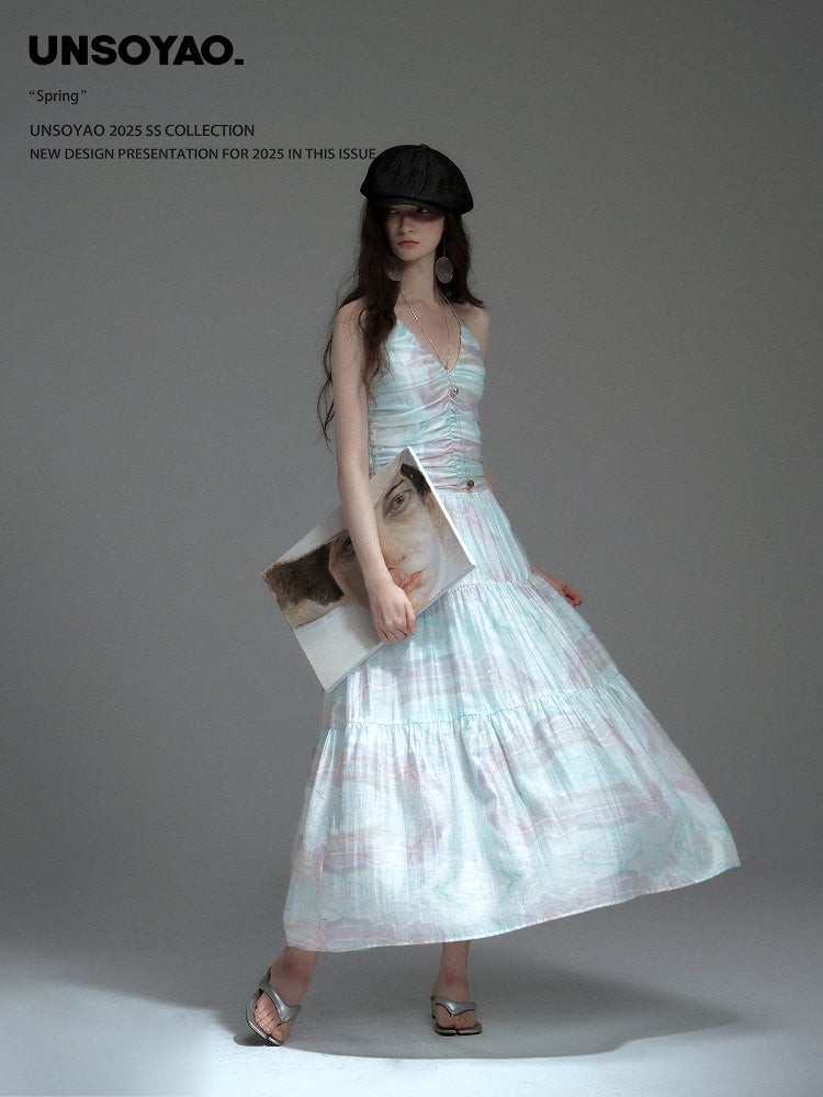 Printed Ruched Dress With Spaghetti Halter Strap