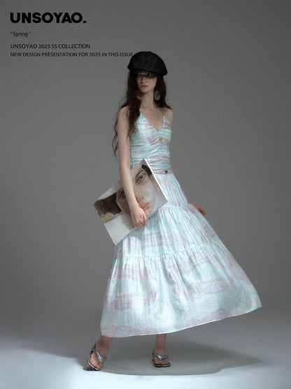 Printed Ruched Dress With Spaghetti Halter Strap