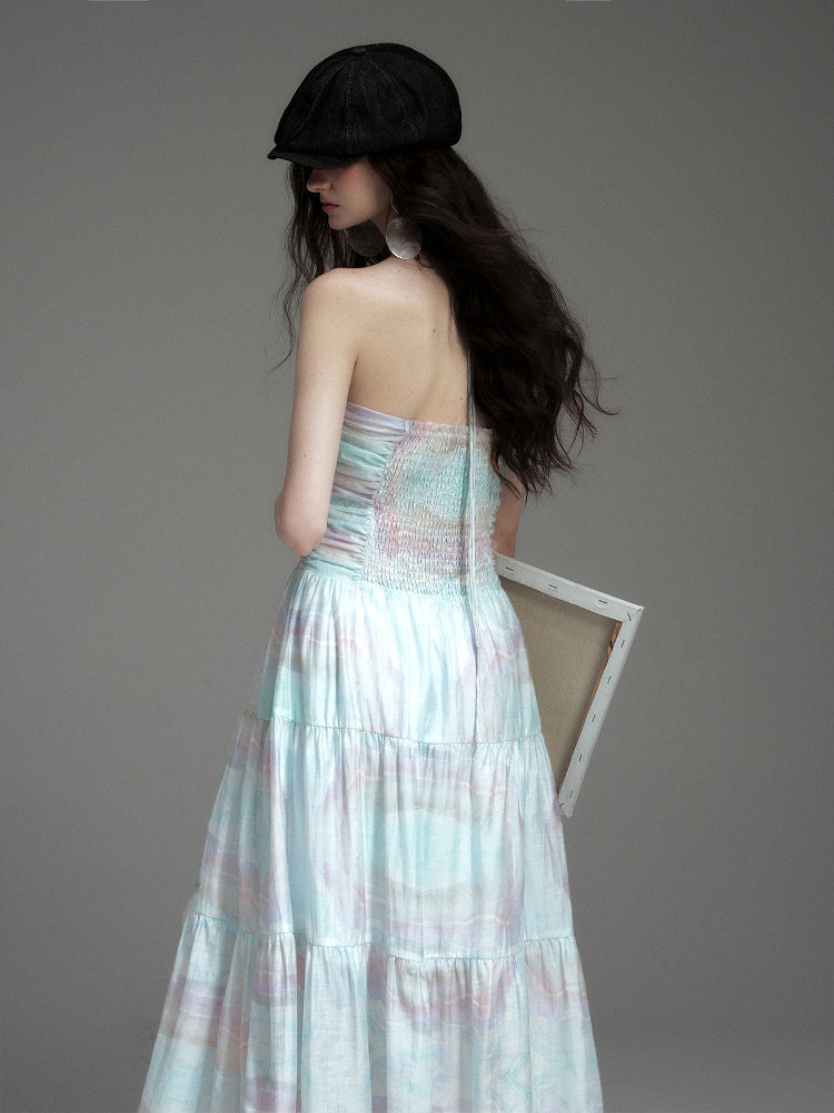 Printed Ruched Dress With Spaghetti Halter Strap