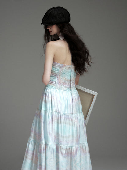 Printed Ruched Dress With Spaghetti Halter Strap