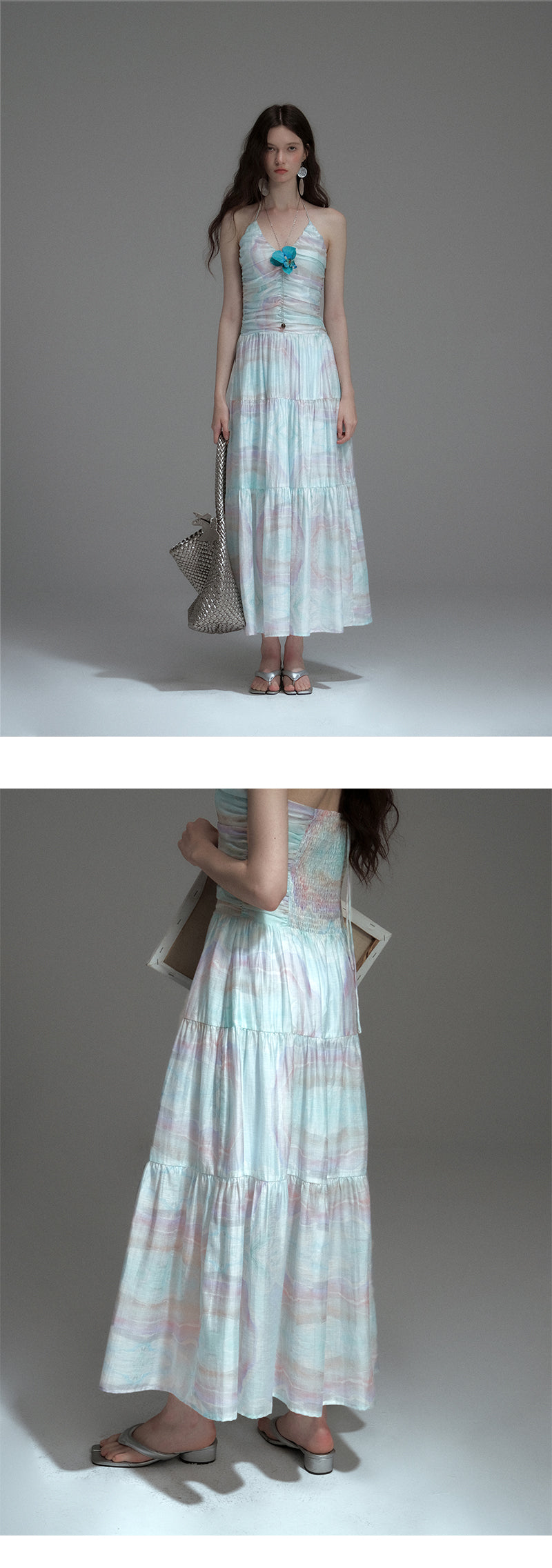 Printed Ruched Dress With Spaghetti Halter Strap