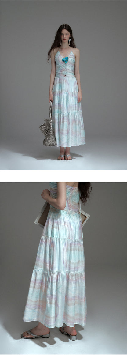 Printed Ruched Dress With Spaghetti Halter Strap