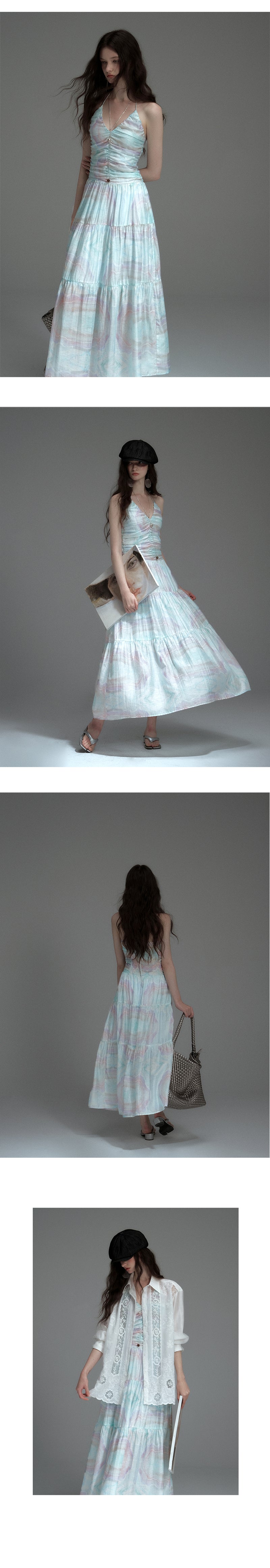Printed Ruched Dress With Spaghetti Halter Strap