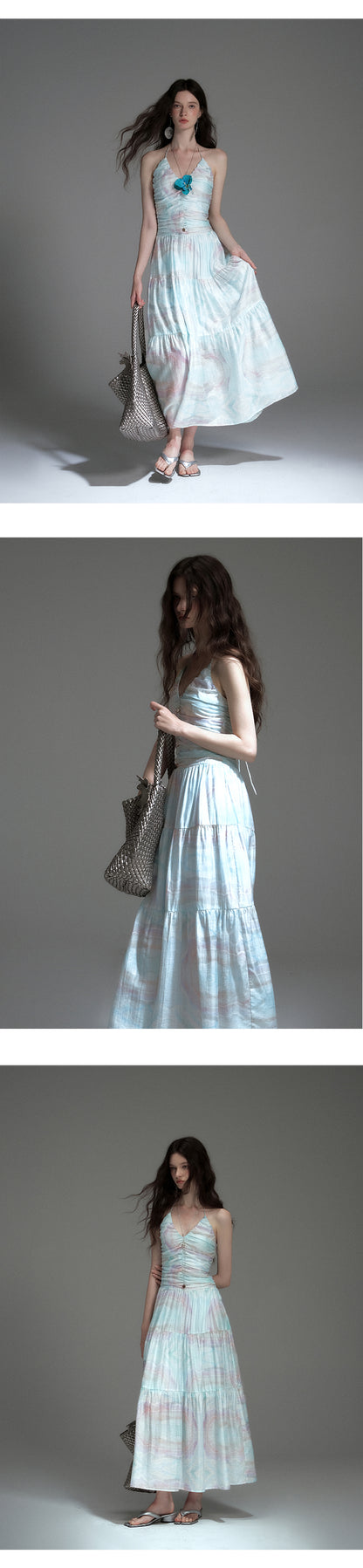 Printed Ruched Dress With Spaghetti Halter Strap