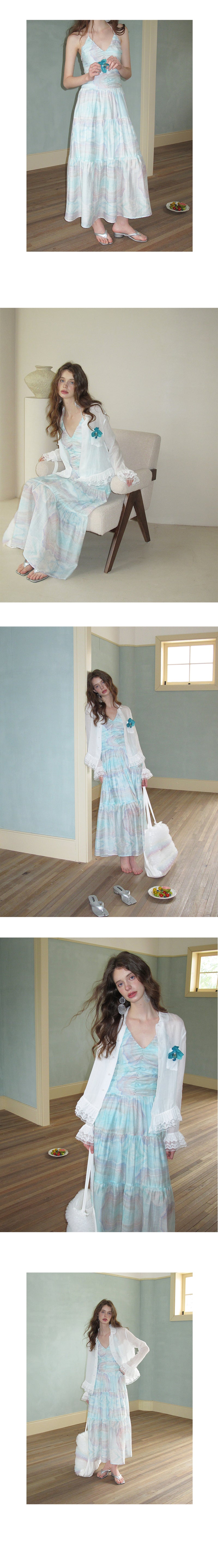 Printed Ruched Dress With Spaghetti Halter Strap