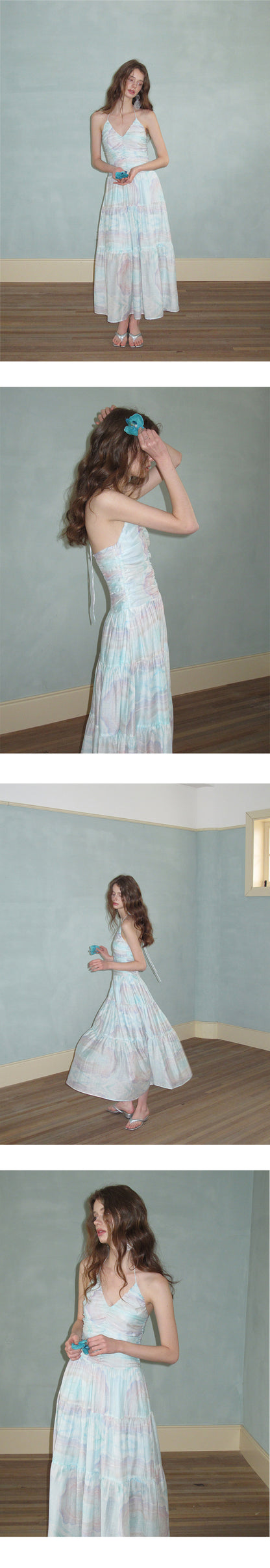 Printed Ruched Dress With Spaghetti Halter Strap
