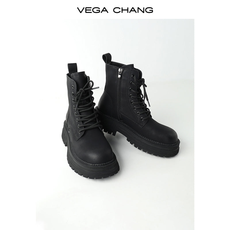 Genuine Leather Lace-Up Ankle Boots With Side Zip