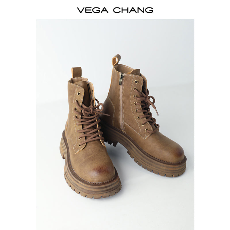 Genuine Leather Lace-Up Ankle Boots With Side Zip