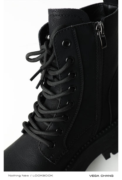 Genuine Leather Lace-Up Ankle Boots With Side Zip