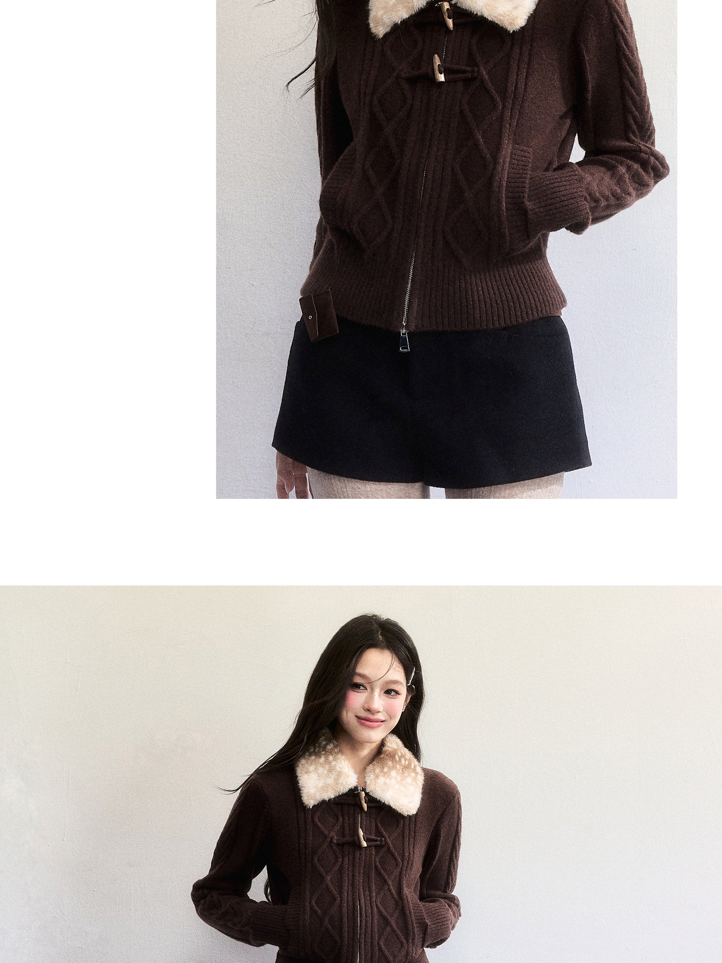 Zip-Up Knit With Fawn Fur Collar