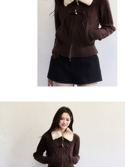 Zip-Up Knit With Fawn Fur Collar