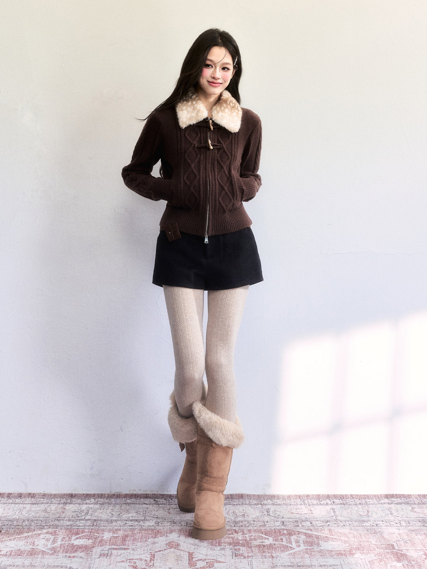 Zip-Up Knit With Fawn Fur Collar