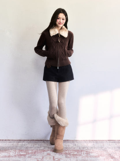 Zip-Up Knit With Fawn Fur Collar