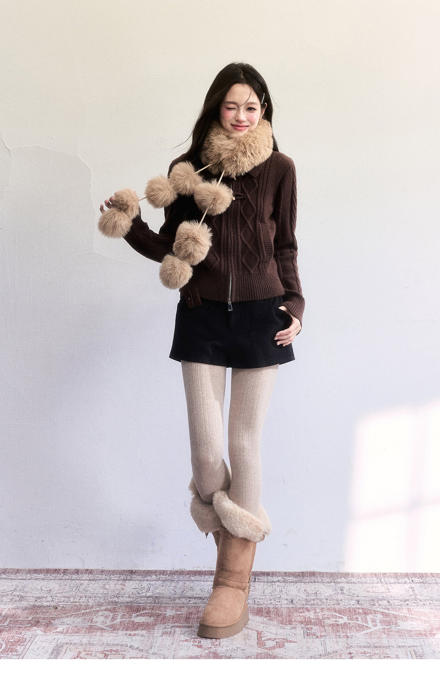 Zip-Up Knit With Fawn Fur Collar