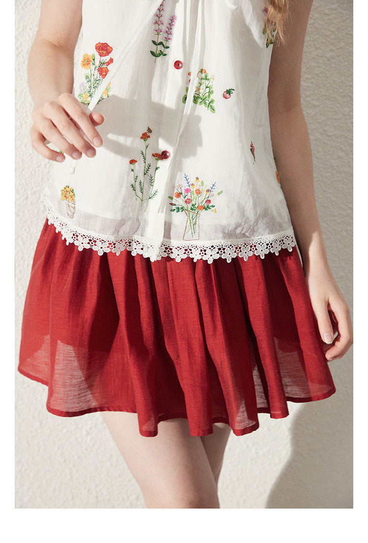Floral Embroidered Sleeveless Top & Airy Skirt