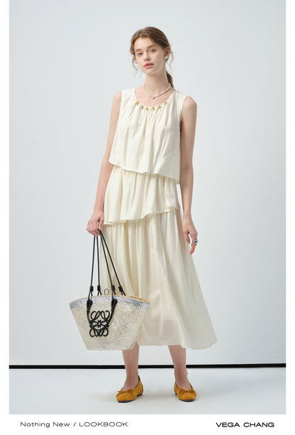 Sleeveless Tiered Dress With Beaded Neckline