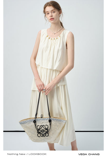 Sleeveless Tiered Dress With Beaded Neckline