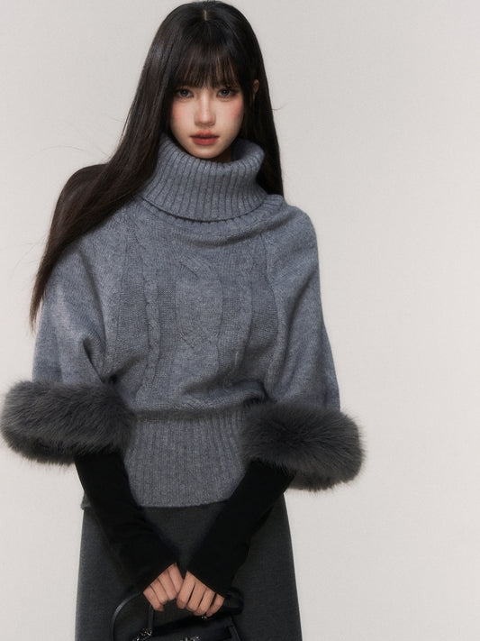 Roll-Neck Cable Knit Cape Sweater