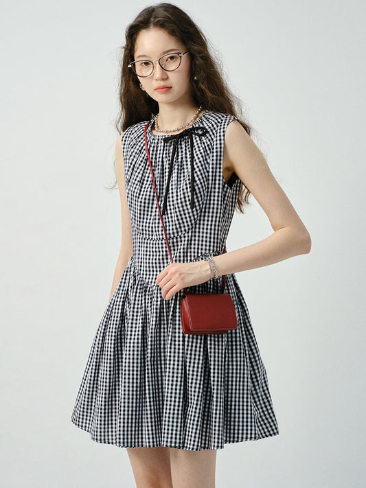 V-Waist Gingham Check Sleeveless Dress