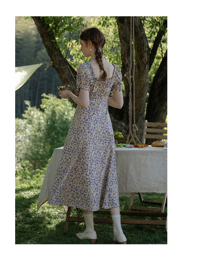 Floral Puff-Sleeve Ruched A-Line Dress