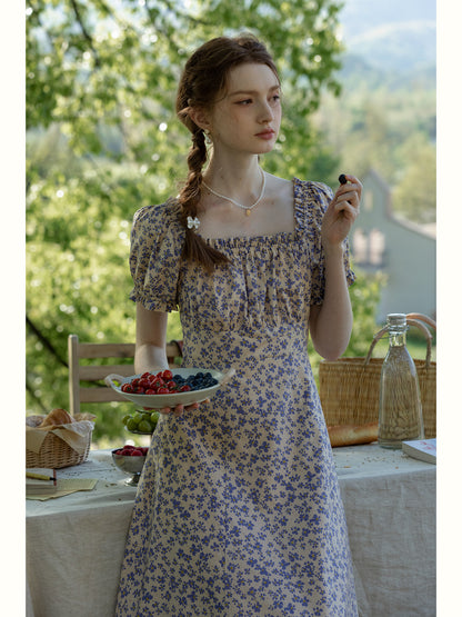 Floral Puff-Sleeve Ruched A-Line Dress
