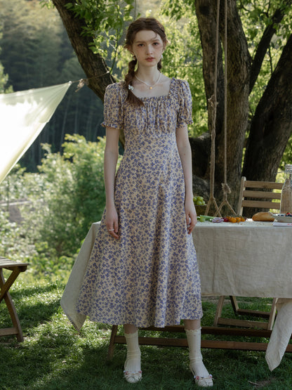 Floral Puff-Sleeve Ruched A-Line Dress