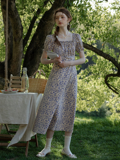 Floral Puff-Sleeve Ruched A-Line Dress