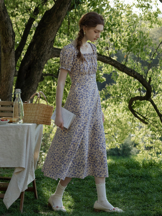 Floral Puff-Sleeve Ruched A-Line Dress