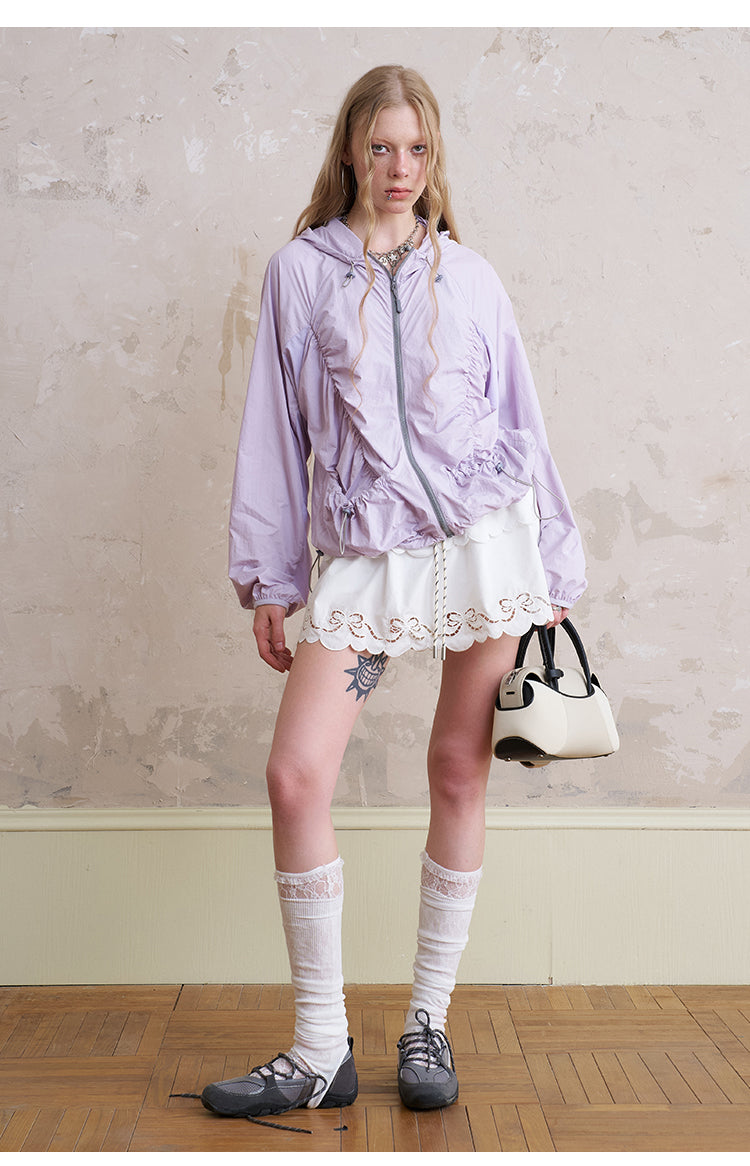 Lightweight Ruched Hooded Outerwear With Bow Print