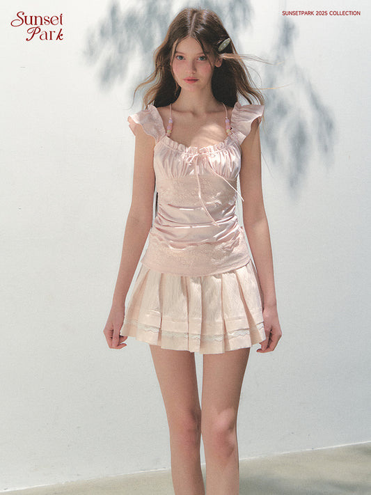 Flutter Sleeve Ruched Blouse With Beaded Straps