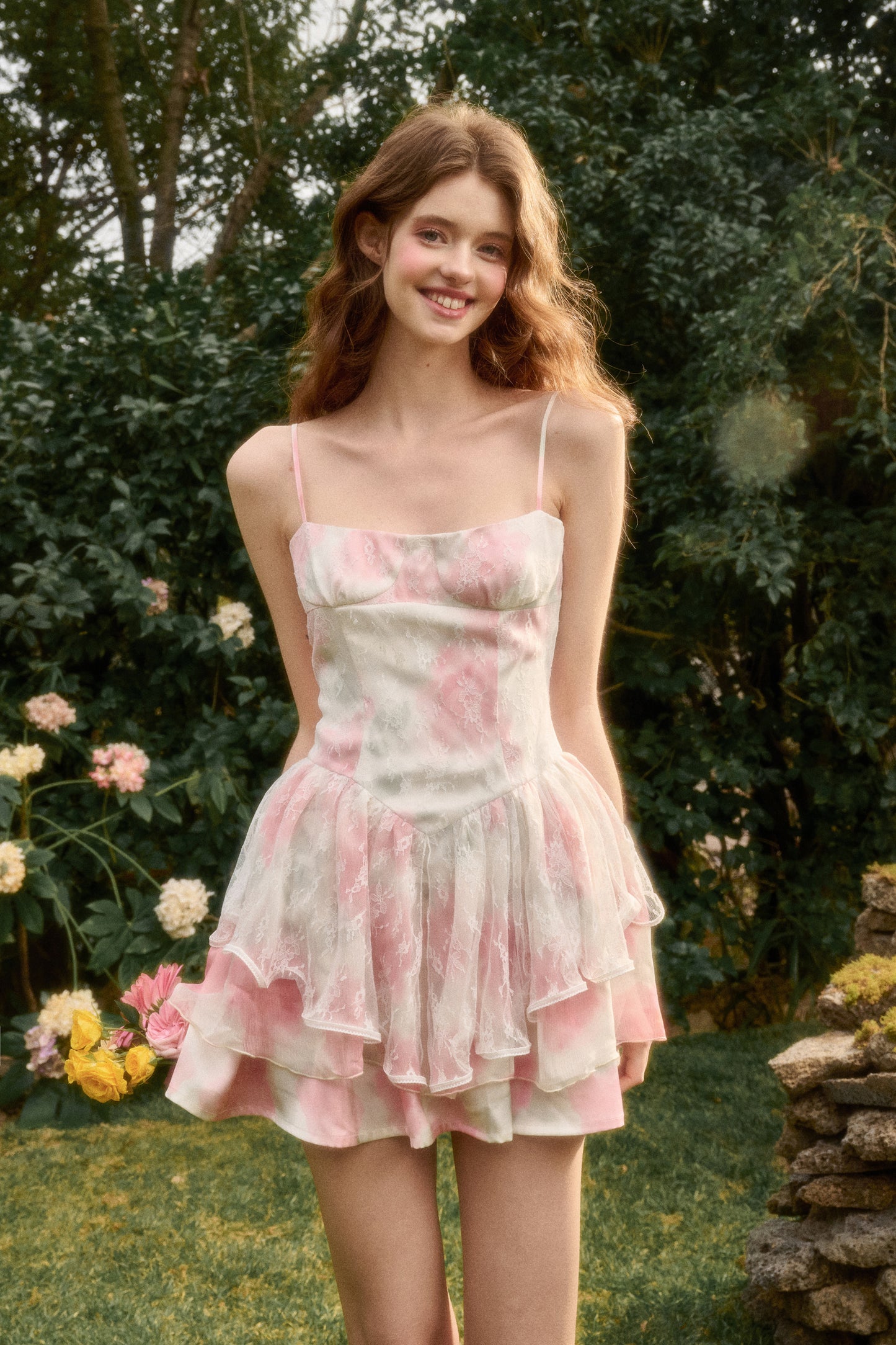 Lace-Layered Gradient Satin Dress With Straps