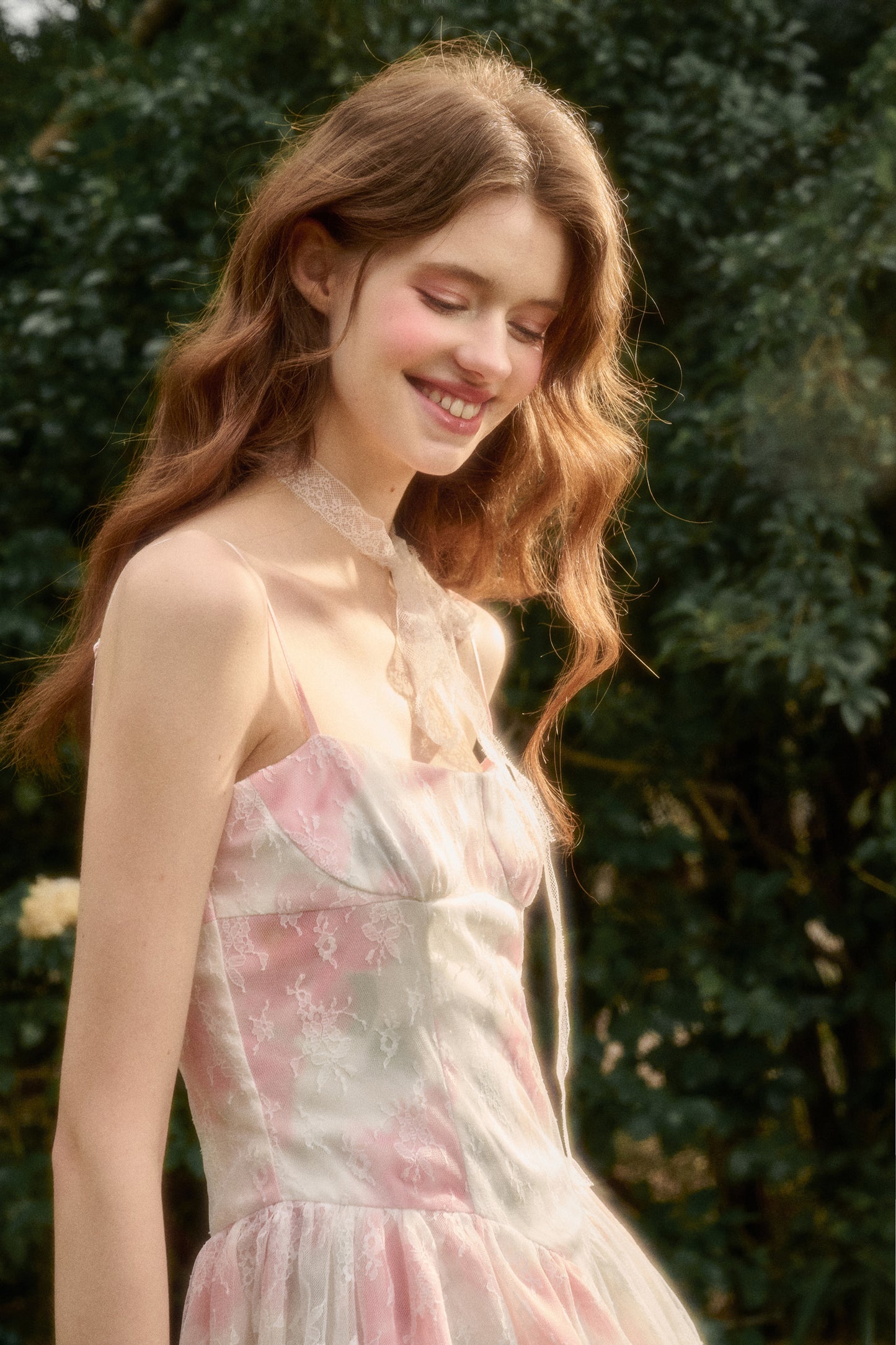 Lace-Layered Gradient Satin Dress With Straps